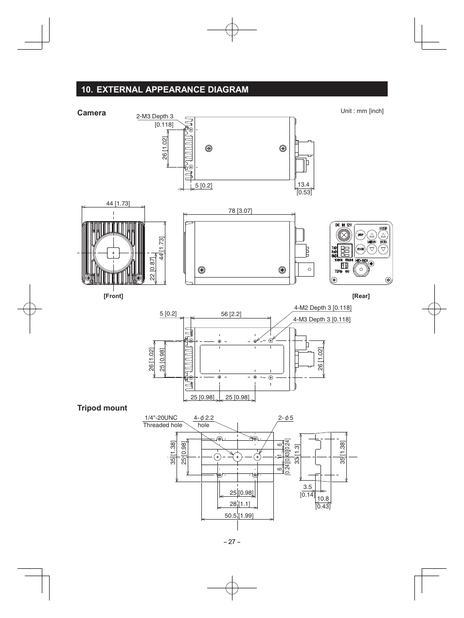 External appearance diagram, Camera tripod mount | Toshiba IK-HR1S User Manual | Page 27 / 28