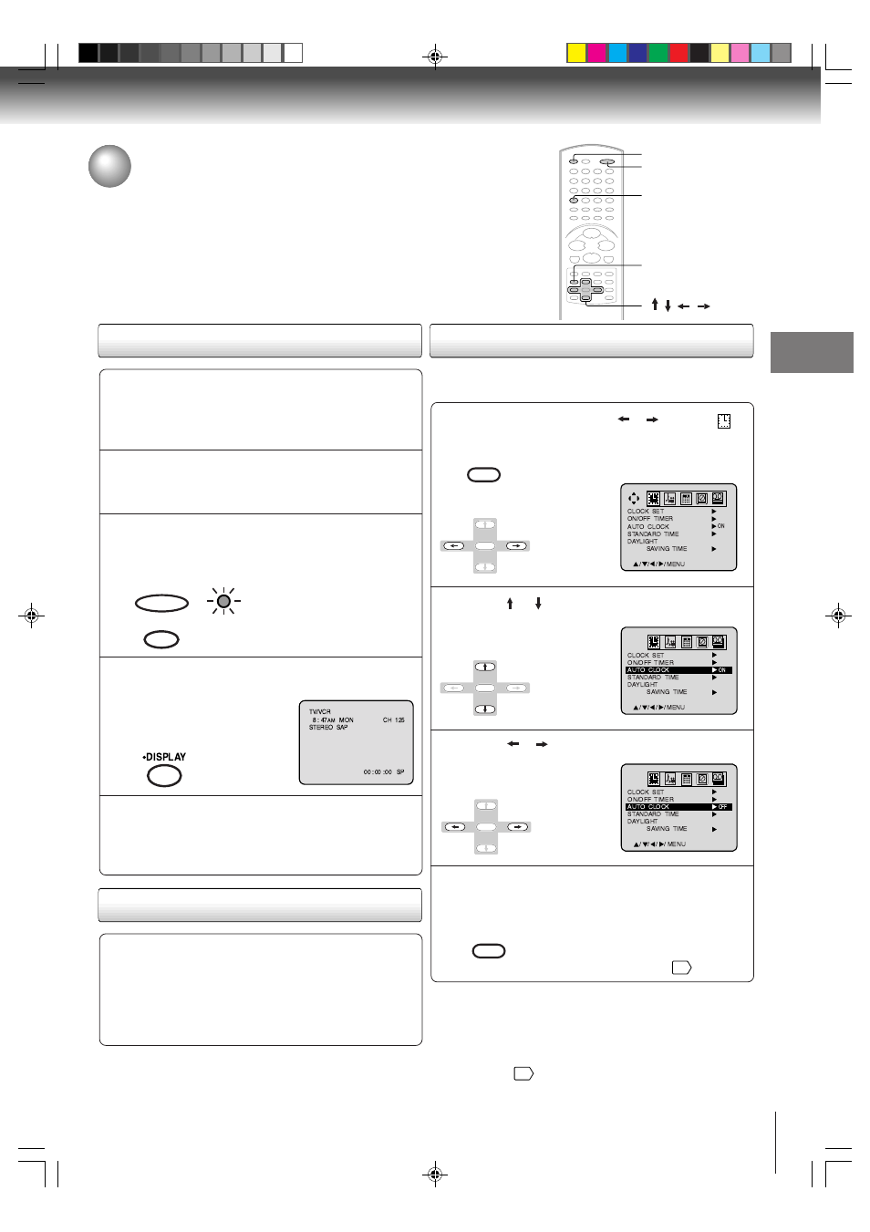 Clock setting, Auto clock setting, Auto clock adjustment to set auto clock to off | Toshiba MW24FP1 User Manual | Page 19 / 68