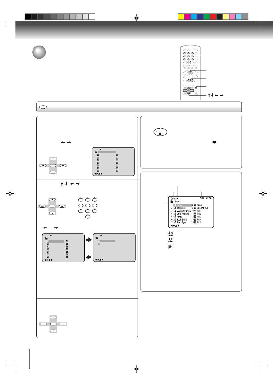 Mp3/wma/jpeg cd operation (continued), Mp3/wma cd playback | Toshiba MW24FP1 User Manual | Page 54 / 68