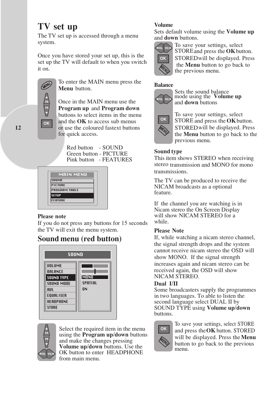 Tv set up, Sound menu (red button) | Toshiba 15VL33 User Manual | Page 13 / 27