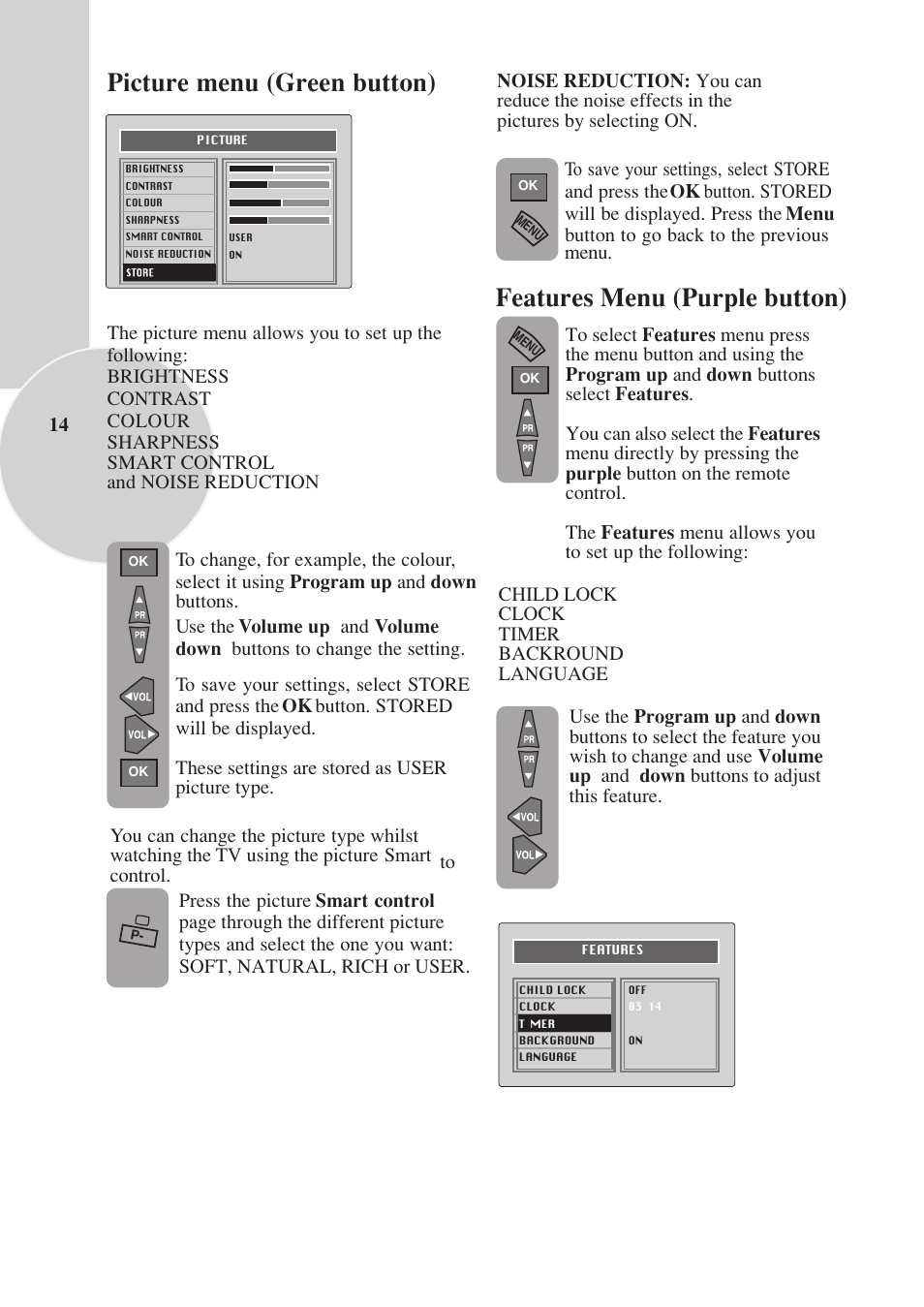 Features menu (purple button), Picture menu (green button) | Toshiba 15VL33 User Manual | Page 15 / 27