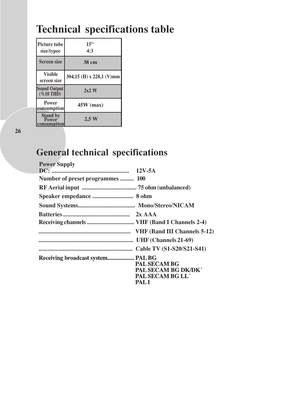 Technical specifications table, General technical specifications | Toshiba 15VL33 User Manual | Page 27 / 27