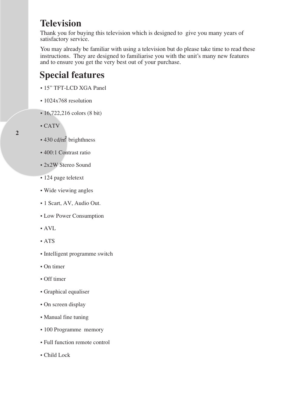 Television, Special features | Toshiba 15VL33 User Manual | Page 3 / 27