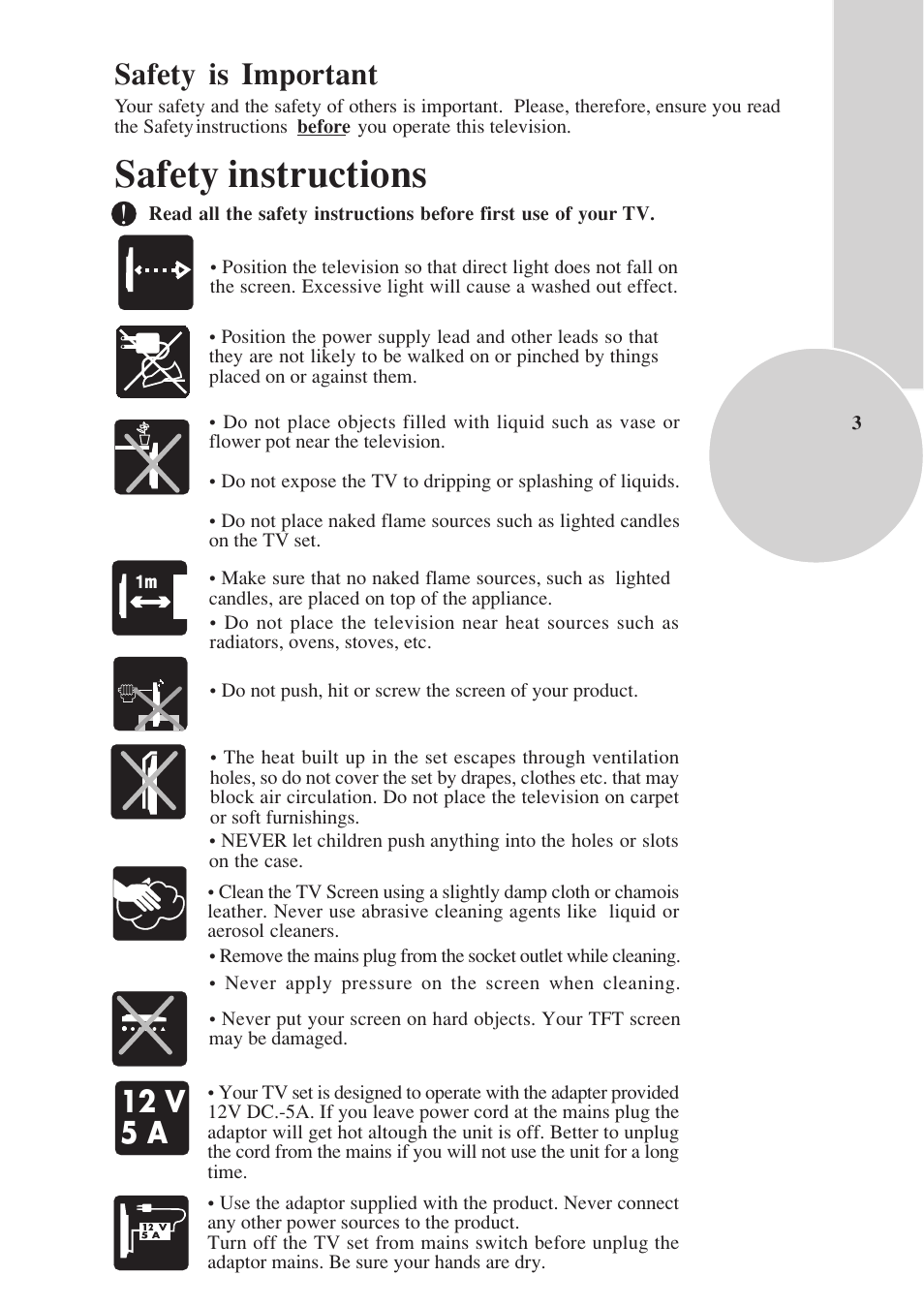 Safety instructions, Safety is important, 12 v 5 a | Toshiba 15VL33 User Manual | Page 4 / 27