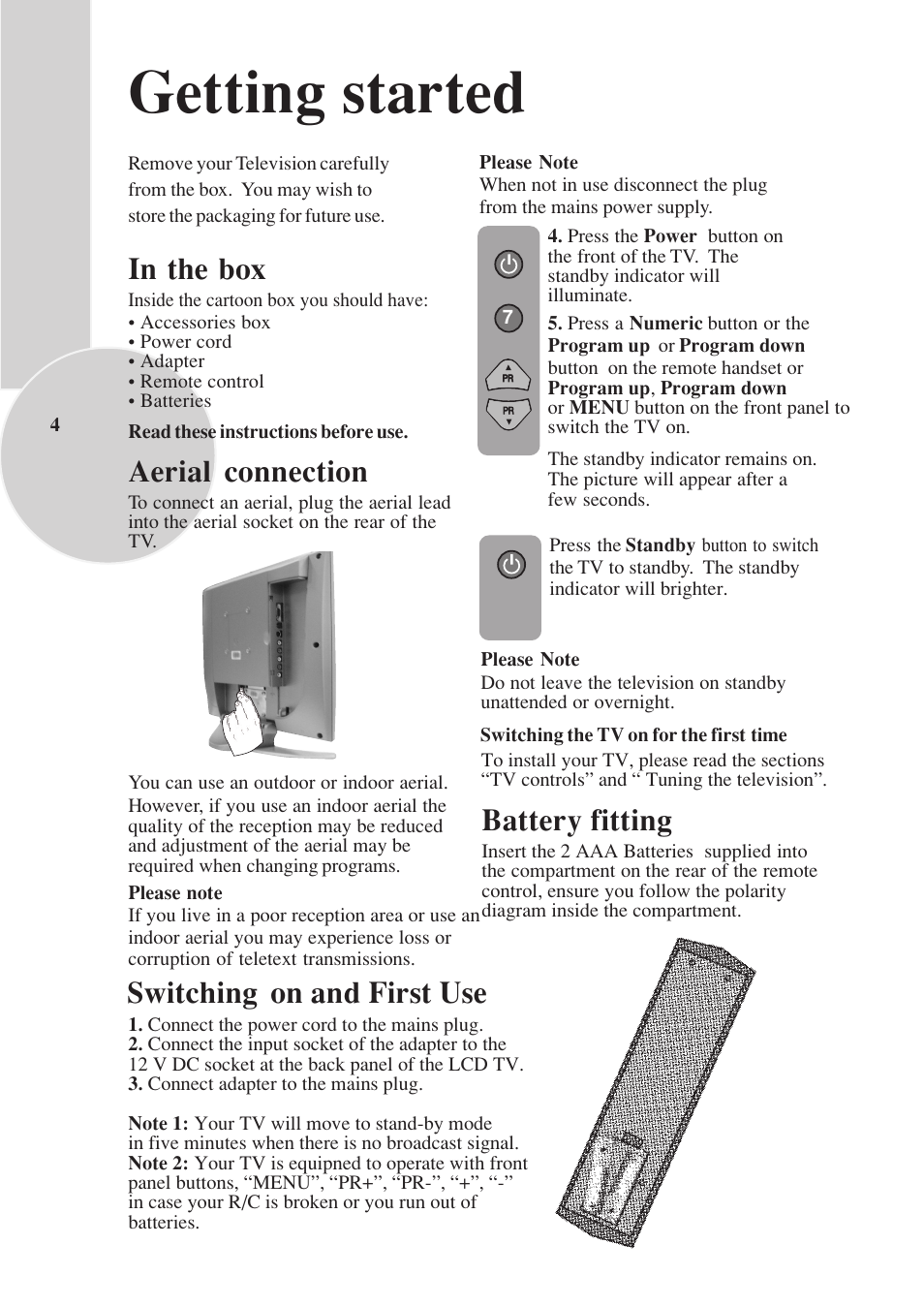 Getting started, Battery fitting, Switching on and first use | Aerial connection | Toshiba 15VL33 User Manual | Page 5 / 27