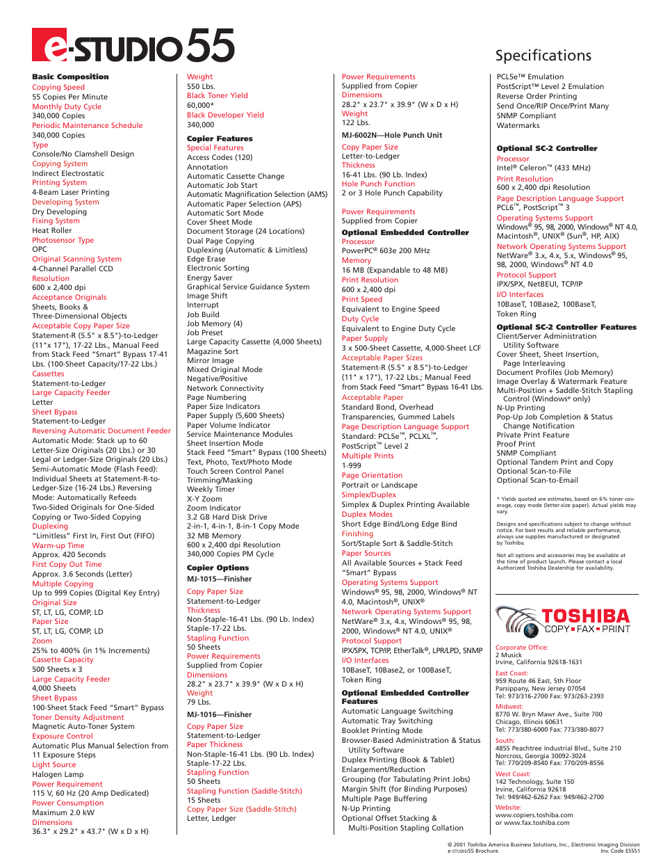 Specifications | Toshiba e-STUDIO 55 User Manual | Page 3 / 3