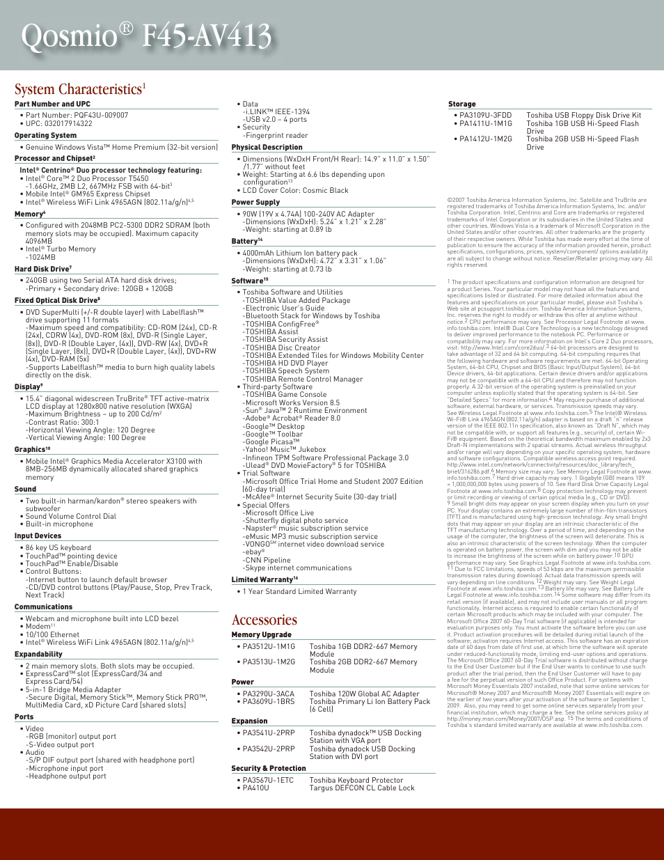 Qosmio, System characteristics, Accessories | Toshiba F45-AV413 User Manual | Page 2 / 2