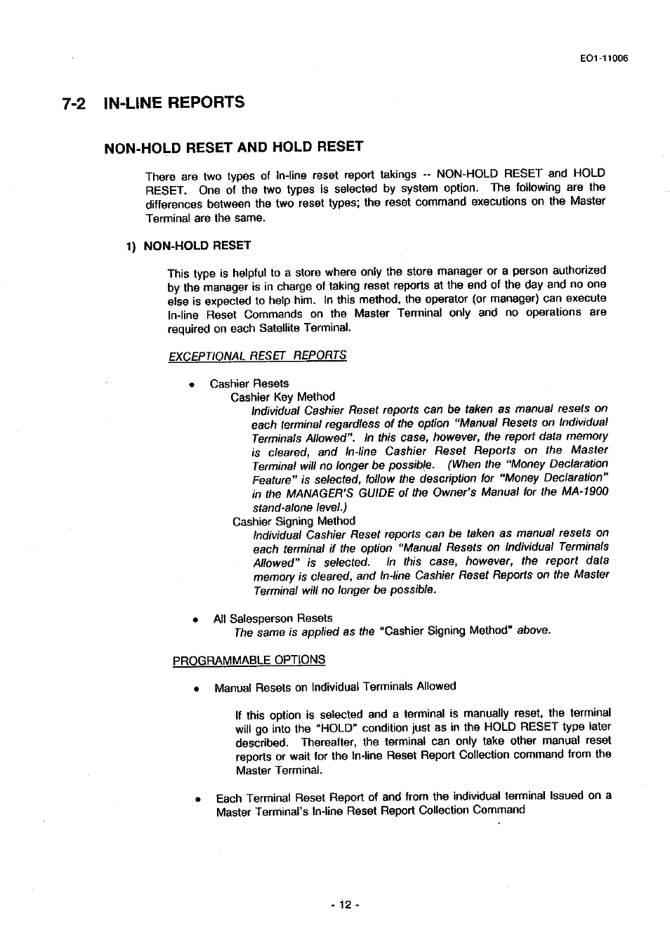 Non-hold reset and hold reset, 2 in-line reports | Toshiba TEC MA-1900 User Manual | Page 16 / 40