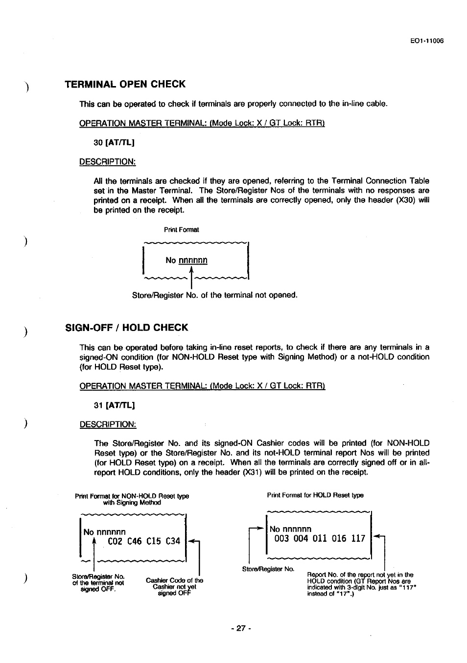 Terminal open check, Sign-off / hold check | Toshiba TEC MA-1900 User Manual | Page 31 / 40