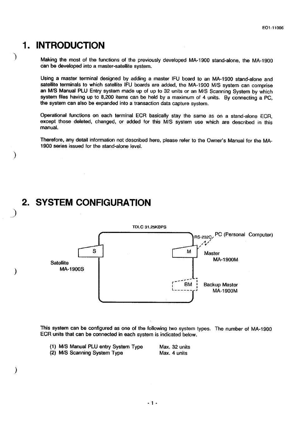 Introduction, System configuration, System configuration j | Toshiba TEC MA-1900 User Manual | Page 5 / 40