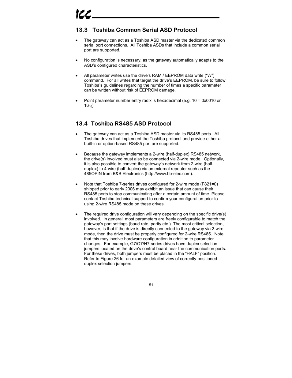 3 toshiba common serial asd protocol, 4 toshiba rs485 asd protocol | Toshiba XLTR-200 User Manual | Page 52 / 99