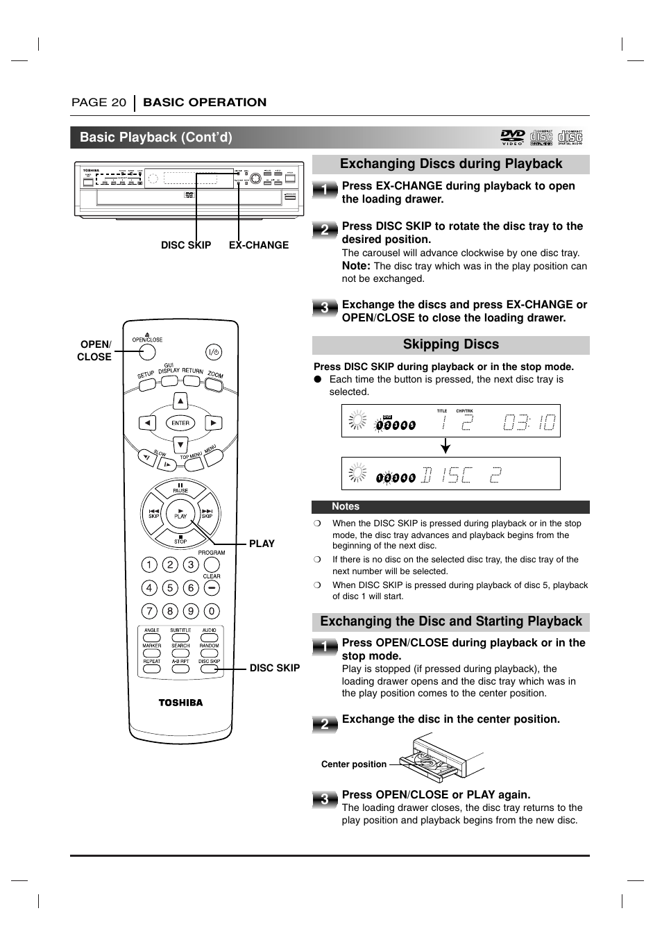 Basic playback (cont’d) | Toshiba SD-2715 User Manual | Page 20 / 46