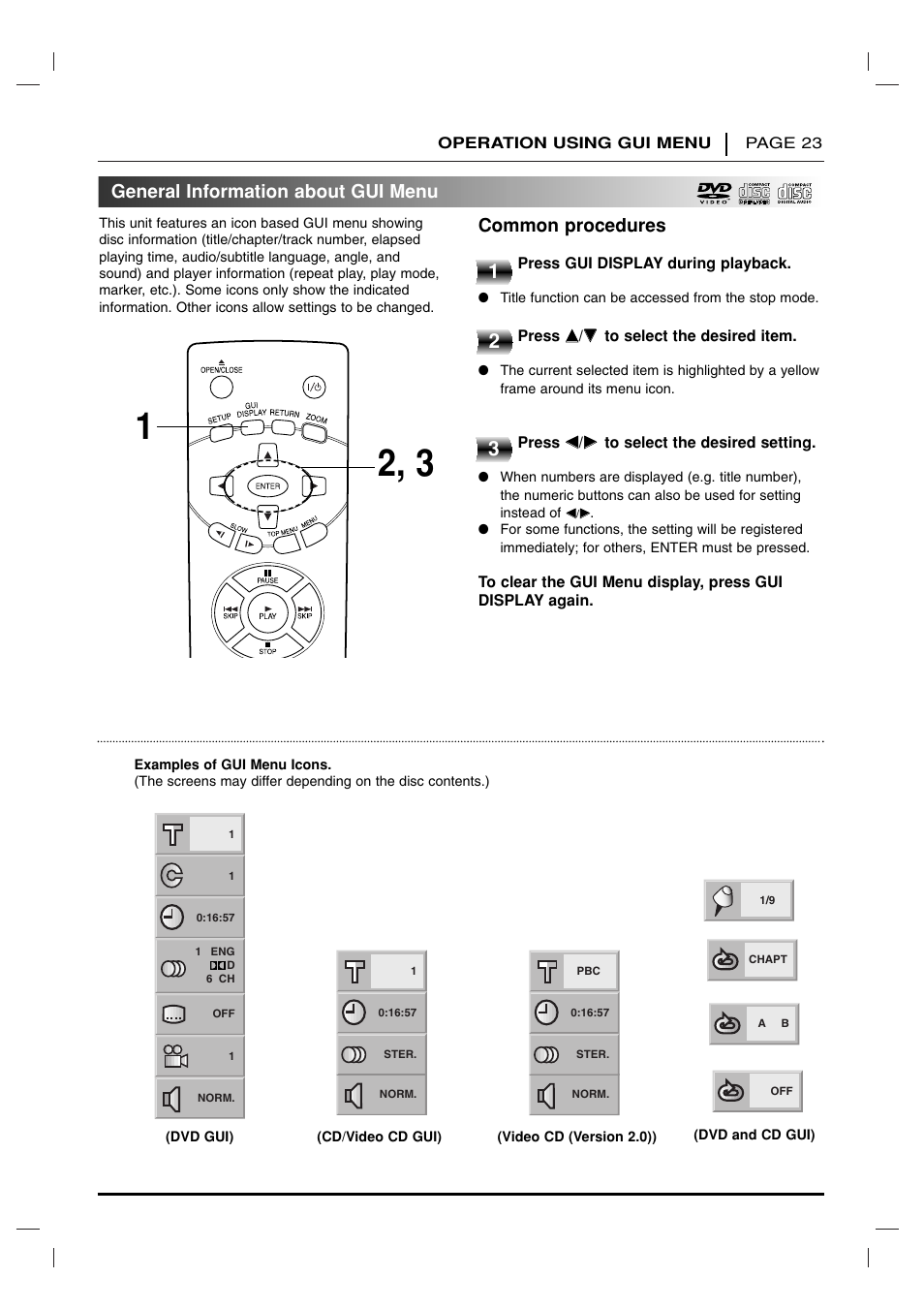 Operation using gui menu, General information, General information about gui menu | Common procedures | Toshiba SD-2715 User Manual | Page 23 / 46