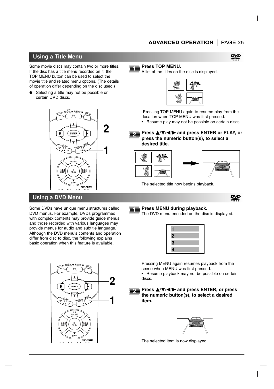 Advanced operation, Using a title menu / using a dvd menu | Toshiba SD-2715 User Manual | Page 25 / 46