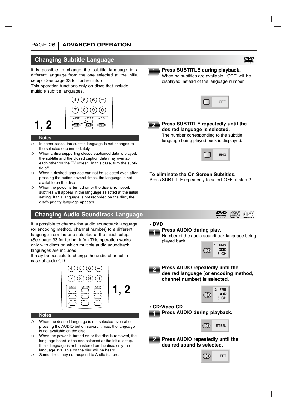 Changing subtitle language, Changing audio soundtrack language | Toshiba SD-2715 User Manual | Page 26 / 46