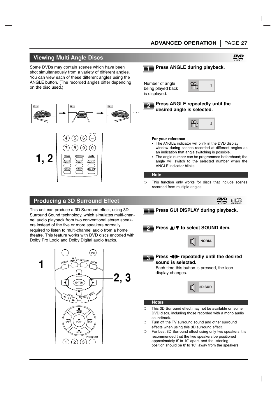 Viewing multi angle discs, Producing a 3d surround effect | Toshiba SD-2715 User Manual | Page 27 / 46