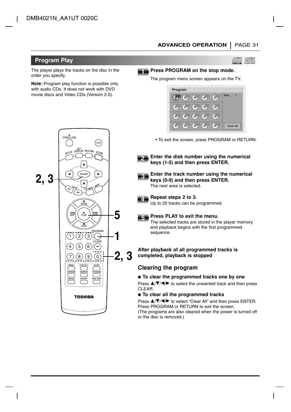 Program play | Toshiba SD-2715 User Manual | Page 31 / 46