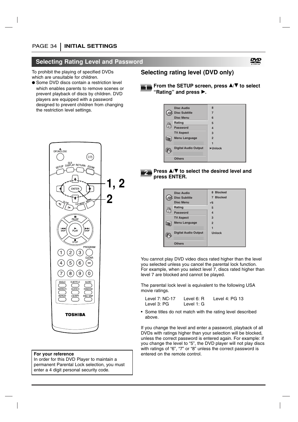 Selecting rating level and password, Page 34 initial settings, Press | Toshiba SD-2715 User Manual | Page 34 / 46