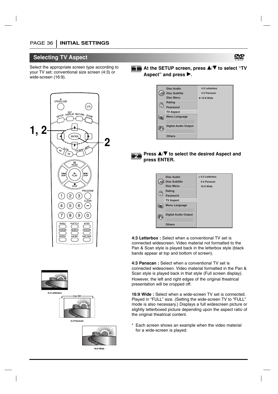 Selecting tv aspect | Toshiba SD-2715 User Manual | Page 36 / 46