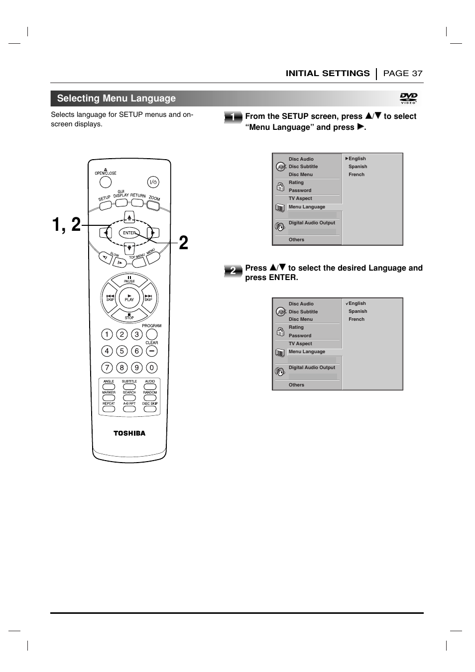 Selecting menu language | Toshiba SD-2715 User Manual | Page 37 / 46