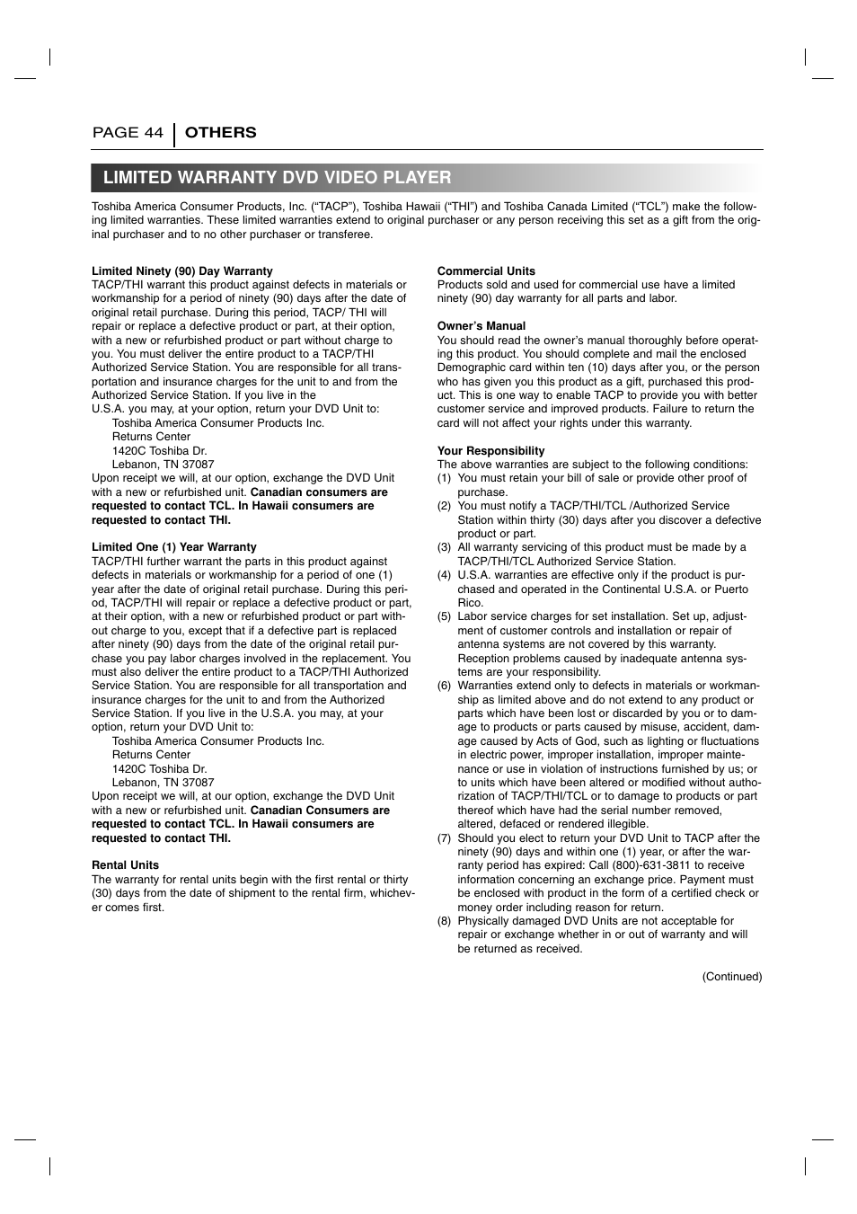 Limited warranty, Limited warranty dvd video player, Page 44 others | Toshiba SD-2715 User Manual | Page 44 / 46