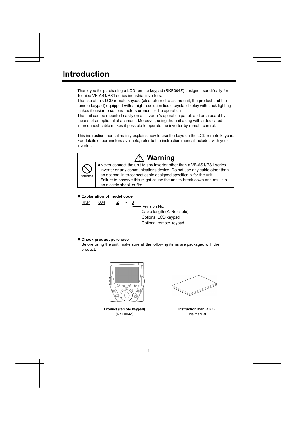 Introduction, Warning | Toshiba RKP004Z User Manual | Page 2 / 36