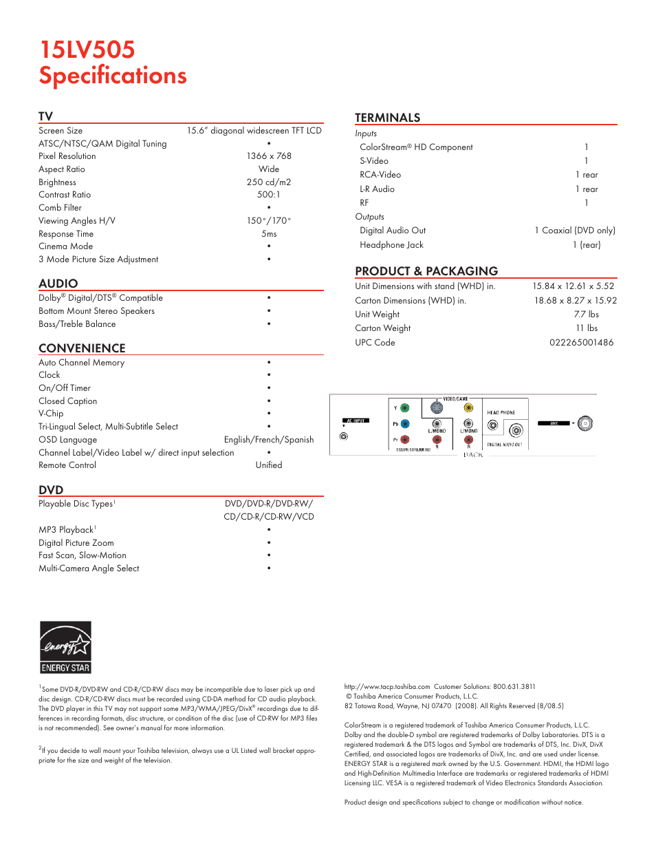 Audio, Convenience, Terminals | Product & packaging | Toshiba 15LV505 User Manual | Page 2 / 2