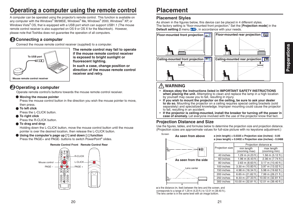 Operating a computer using the remote control, Placement, Preparations | Connecting a computer, Operating a computer, Placement styles, Warning, Projection distance and size | Toshiba TDP-TW420 User Manual | Page 11 / 51