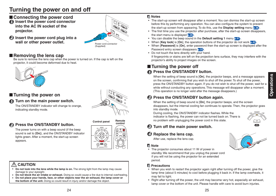 Turning the power on and off, Connecting the power cord, Removing the lens cap | Turning the power on, Operations, Turning the power off | Toshiba TDP-TW420 User Manual | Page 13 / 51