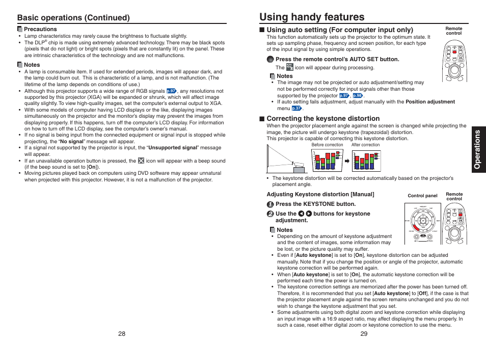 Using handy features, Basic operations (continued), Operations | Toshiba TDP-TW420 User Manual | Page 15 / 51