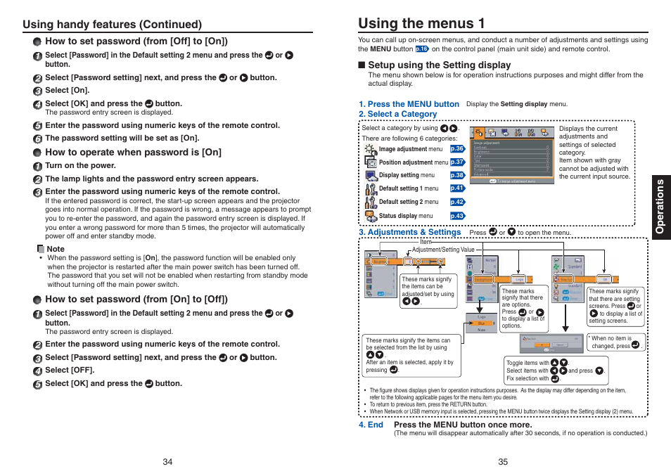 Using the menus 1, Using handy features (continued), Operations | Toshiba TDP-TW420 User Manual | Page 18 / 51