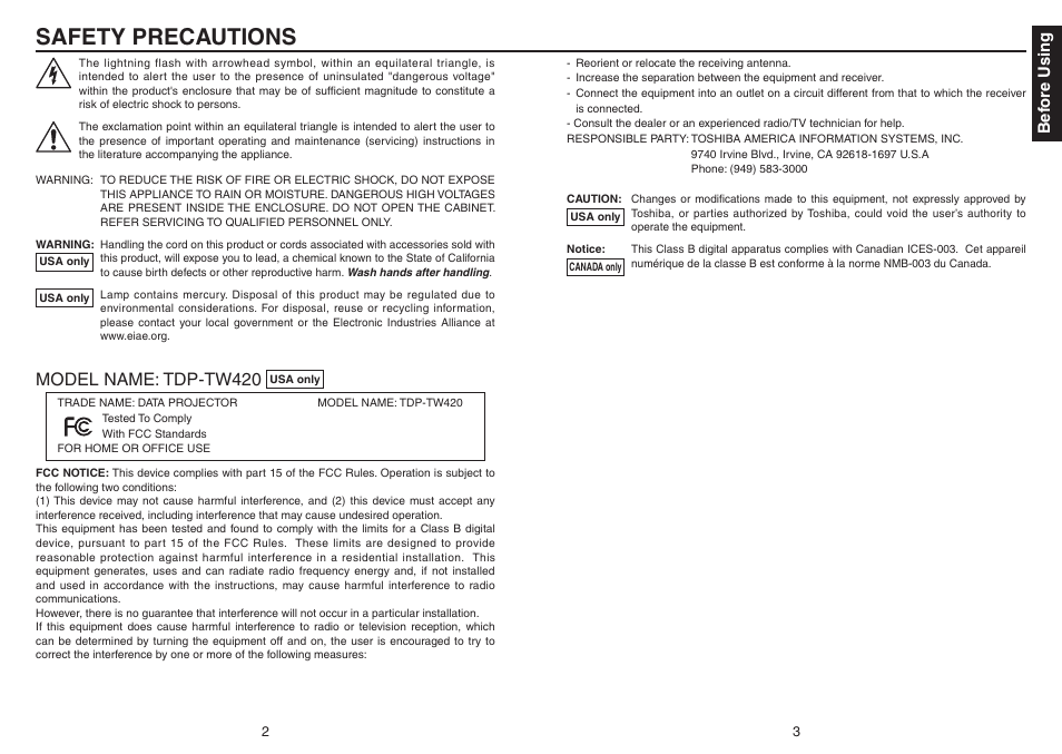 Safety precautions, Model name: tdp-tw420, Before using | Toshiba TDP-TW420 User Manual | Page 2 / 51
