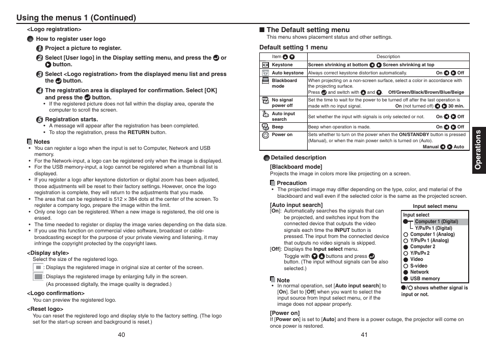 Using the menus 1 (continued), Operations | Toshiba TDP-TW420 User Manual | Page 21 / 51