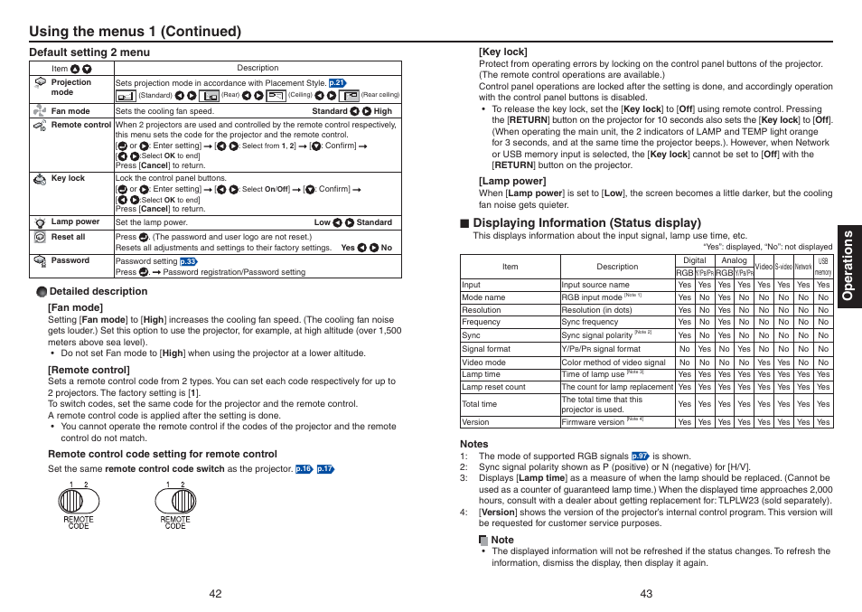 Using the menus 1 (continued), Operations, Displaying information (status display) | Toshiba TDP-TW420 User Manual | Page 22 / 51