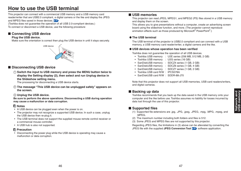 How to use the usb terminal | Toshiba TDP-TW420 User Manual | Page 24 / 51