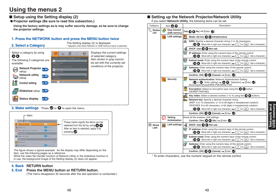 Using the menus 2, Setup using the setting display (2), Setting up the network projector/network utility | Toshiba TDP-TW420 User Manual | Page 25 / 51