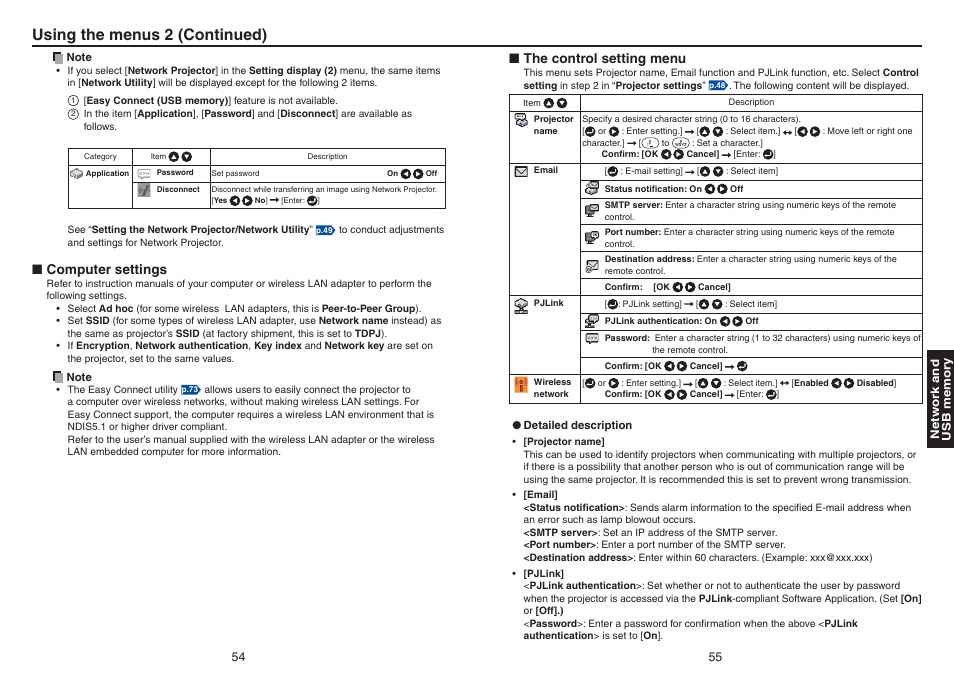 Using the menus 2 (continued), Computer settings, The control setting menu | Toshiba TDP-TW420 User Manual | Page 28 / 51