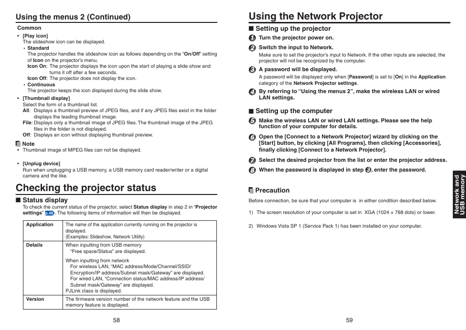 Checking the projector status, Using the network projector, Using the menus 2 (continued) | Toshiba TDP-TW420 User Manual | Page 30 / 51