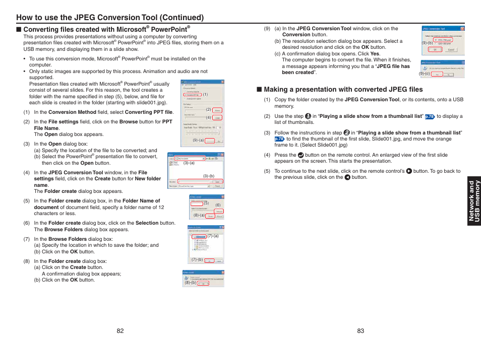 How to use the jpeg conversion tool (continued), Converting ﬁles created with microsoft, Powerpoint | Making a presentation with converted jpeg ﬁles | Toshiba TDP-TW420 User Manual | Page 42 / 51