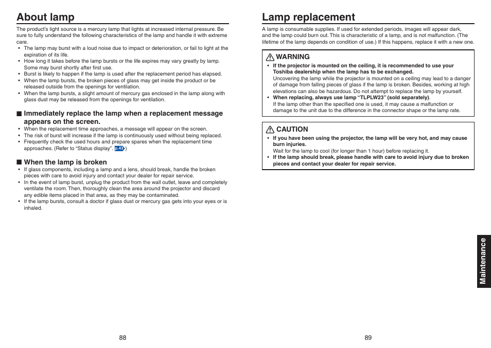 About lamp, Lamp replacement | Toshiba TDP-TW420 User Manual | Page 45 / 51