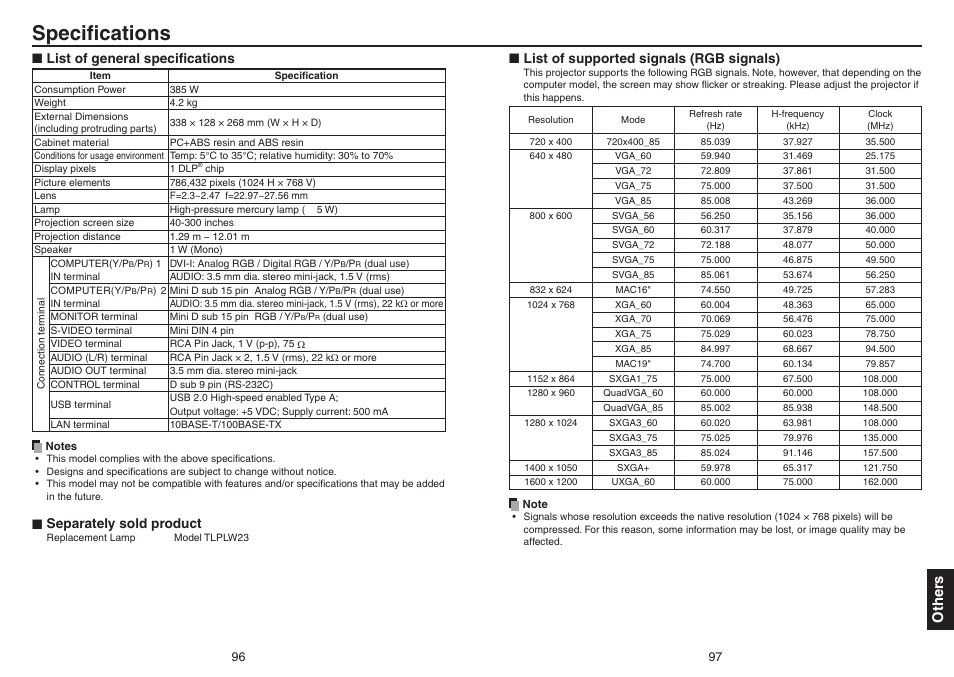 Speciﬁcations, Other s, List of general speciﬁcations | Separately sold product, Nlist of supported signals (rgb signals) | Toshiba TDP-TW420 User Manual | Page 49 / 51