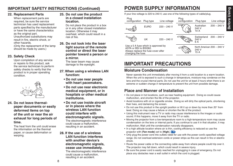 Power supply information, Important precautions | Toshiba TDP-TW420 User Manual | Page 5 / 51