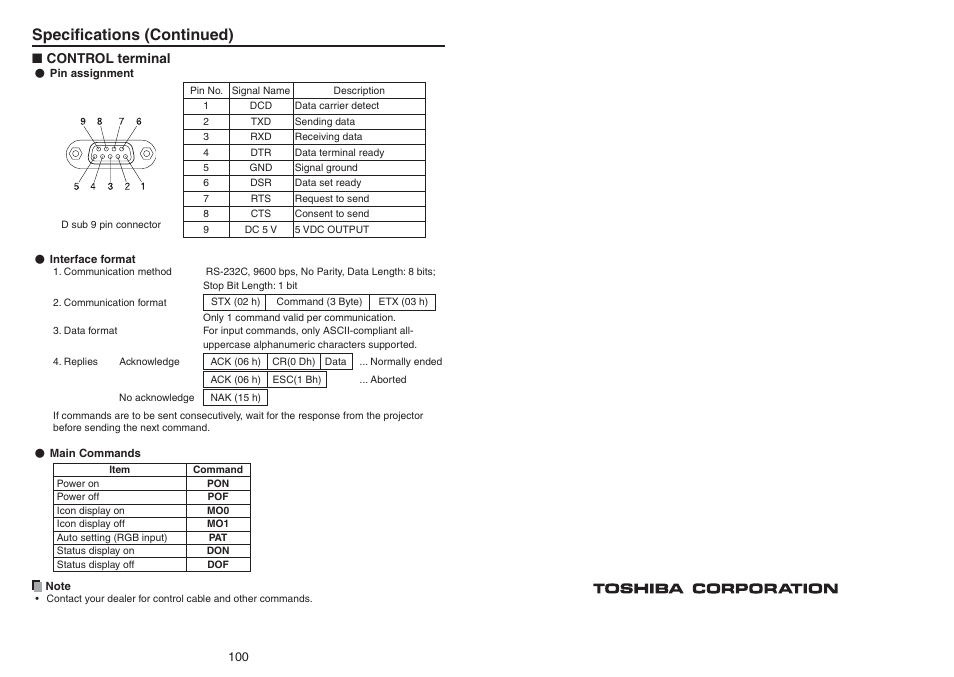 Speciﬁcations (continued) | Toshiba TDP-TW420 User Manual | Page 51 / 51