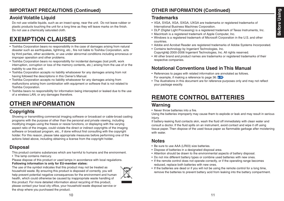 Exemption clauses, Other information, Remote control batteries | Toshiba TDP-TW420 User Manual | Page 6 / 51