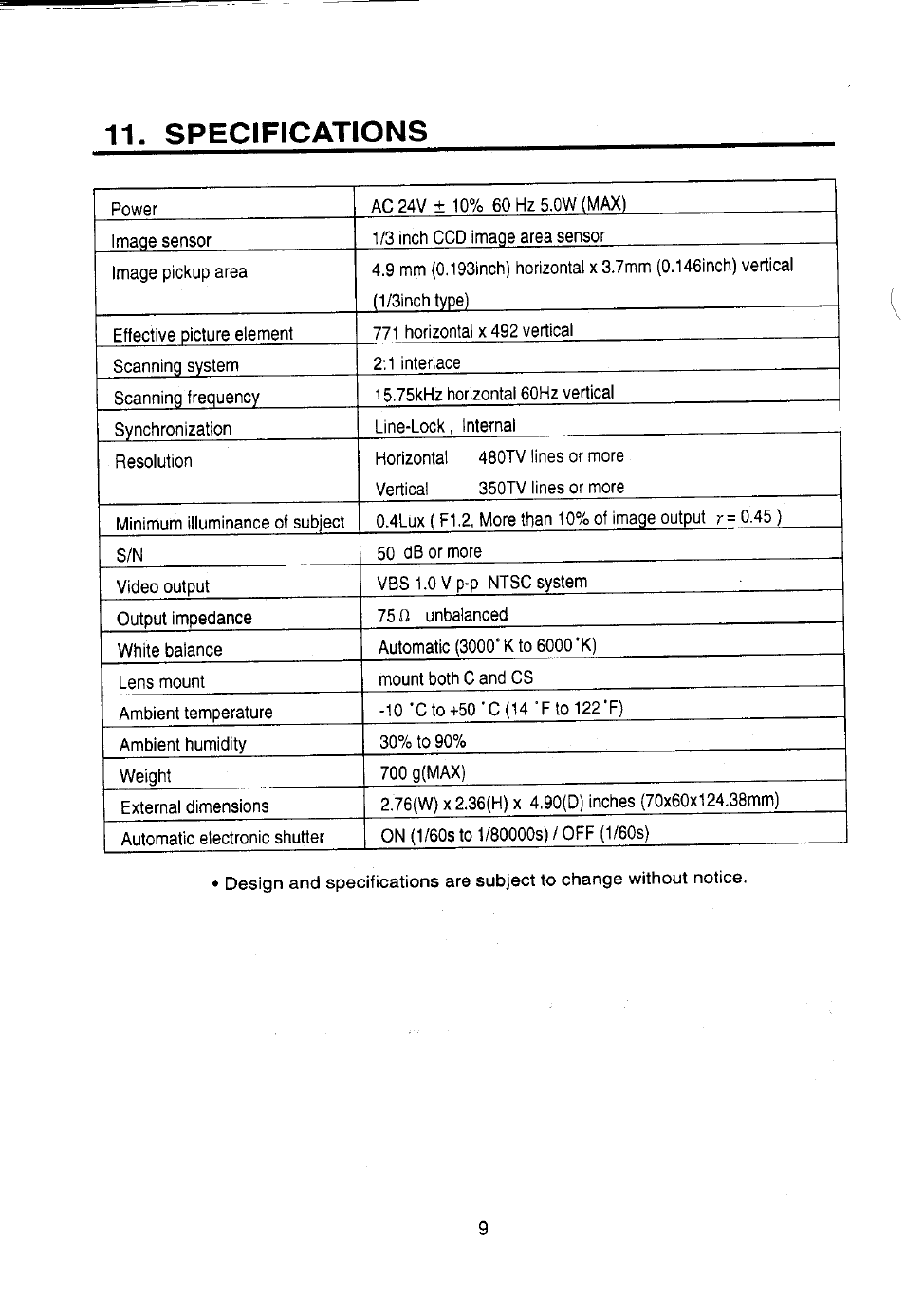 Specifications | Toshiba IK-643A User Manual | Page 10 / 12