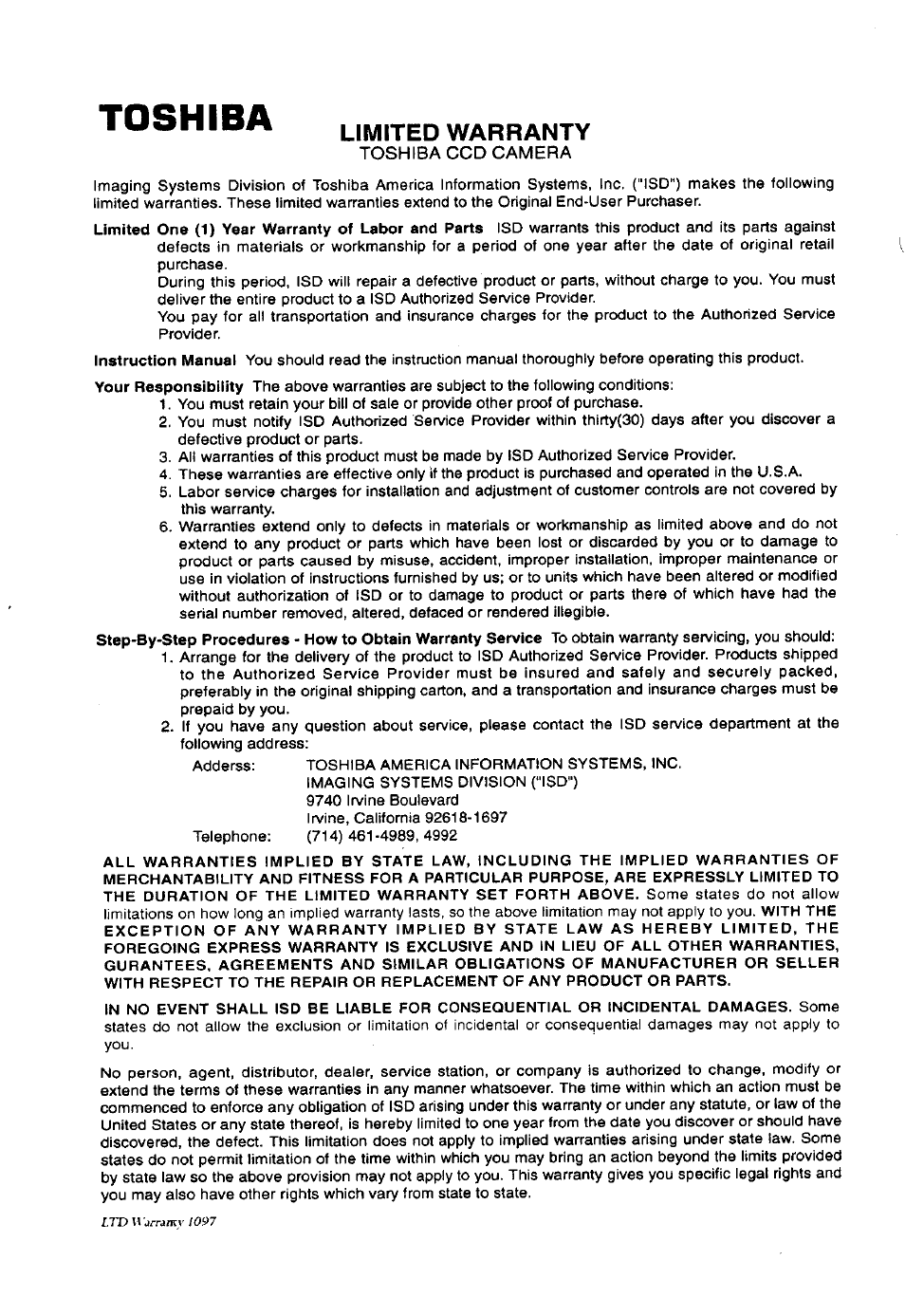 Toshiba, Limited warranty | Toshiba IK-643A User Manual | Page 12 / 12