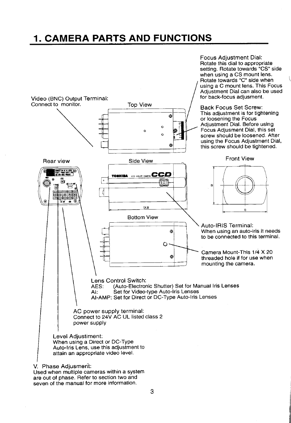 Camera parts and functions | Toshiba IK-643A User Manual | Page 4 / 12