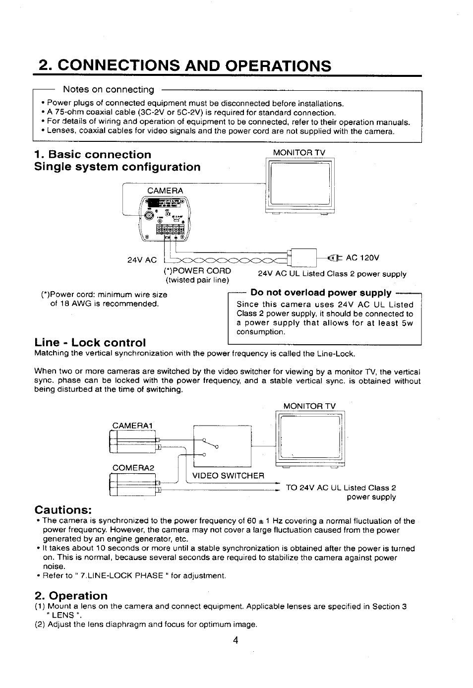 Connections and operations, Basic connection single system configuration, Line - lock control | Cautions, Operation | Toshiba IK-643A User Manual | Page 5 / 12