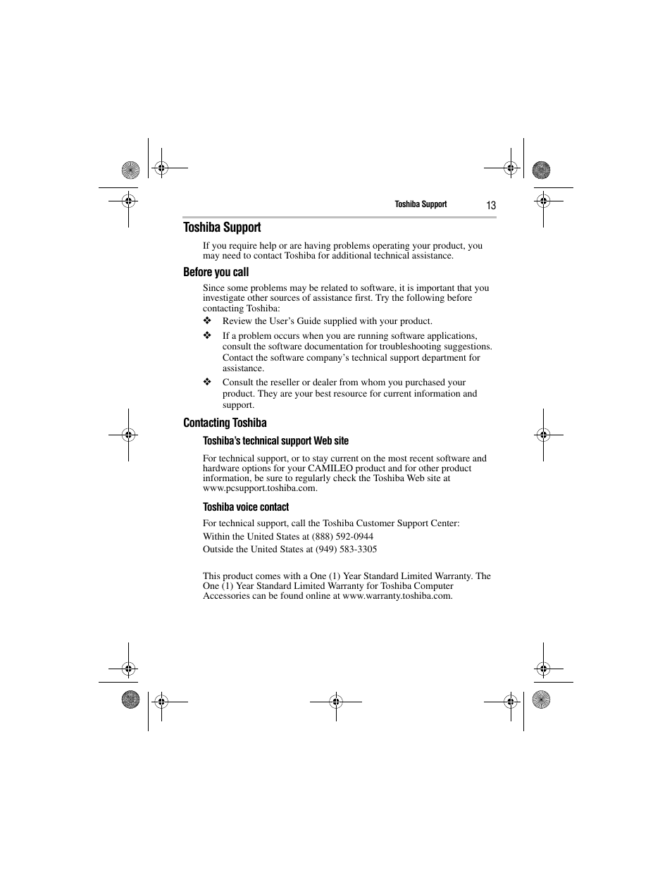 Toshiba support | Toshiba Camileo GMAA00221011 User Manual | Page 13 / 28