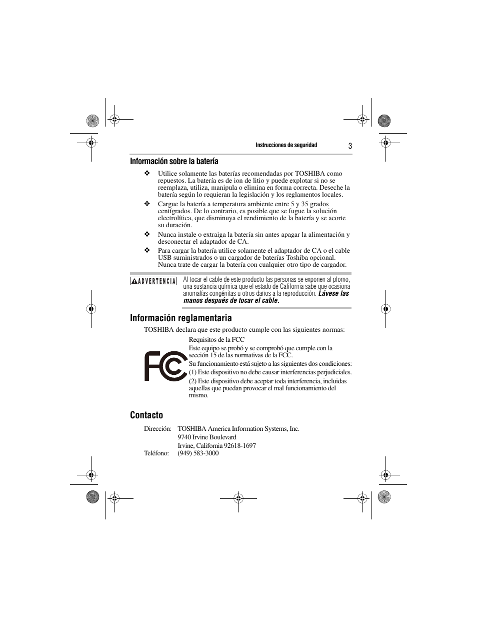 Información reglamentaria, Contacto | Toshiba Camileo GMAA00221011 User Manual | Page 17 / 28